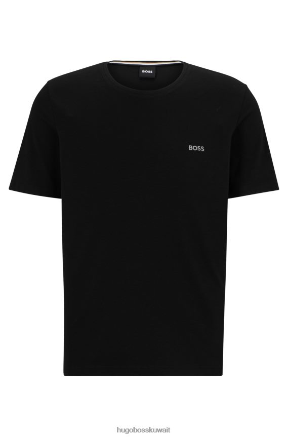 4TFNJN1686 أسود Hugo Boss تي شيرت من القطن المطاطي بقصة عادية مع شعار متباين باللون الأسود
