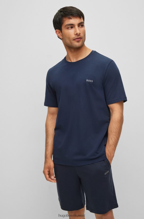 4TFNJN1687 أزرق غامق Hugo Boss تي شيرت من القطن المطاطي ذو قصة عادية باللون الأزرق الداكن مع شعار هوغو متباين