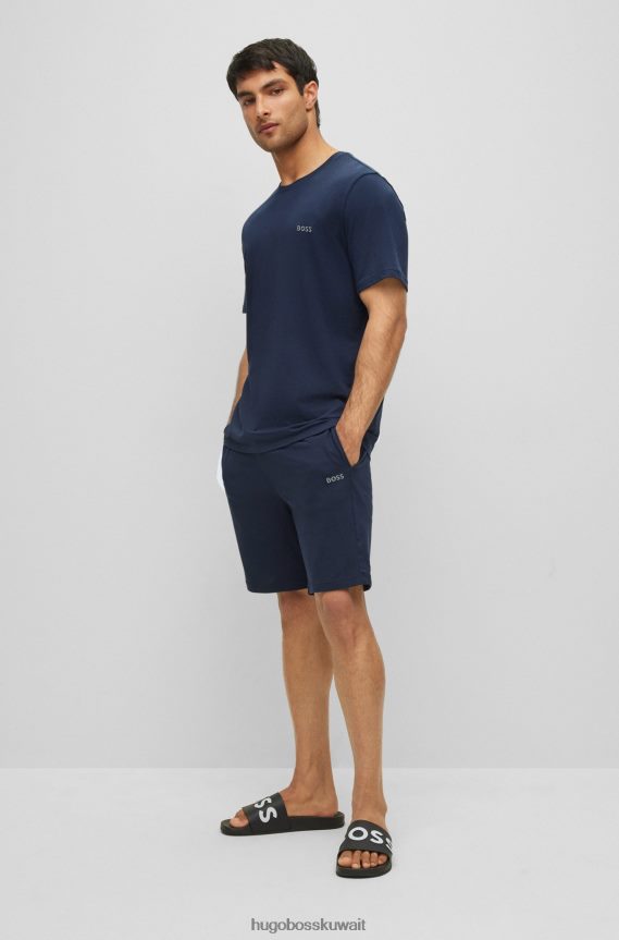 4TFNJN1687 أزرق غامق Hugo Boss تي شيرت من القطن المطاطي ذو قصة عادية باللون الأزرق الداكن مع شعار هوغو متباين