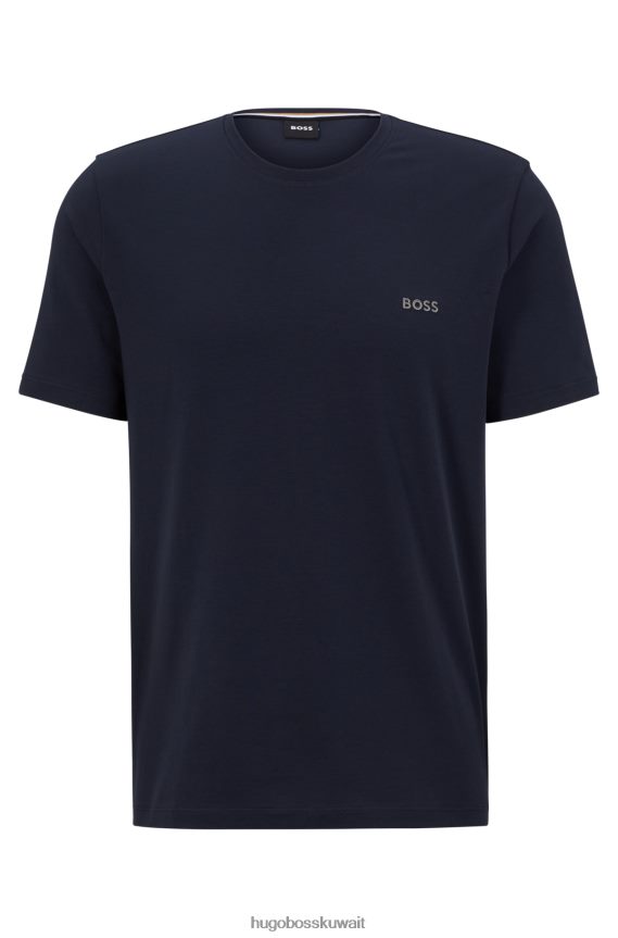 4TFNJN1687 أزرق غامق Hugo Boss تي شيرت من القطن المطاطي ذو قصة عادية باللون الأزرق الداكن مع شعار هوغو متباين