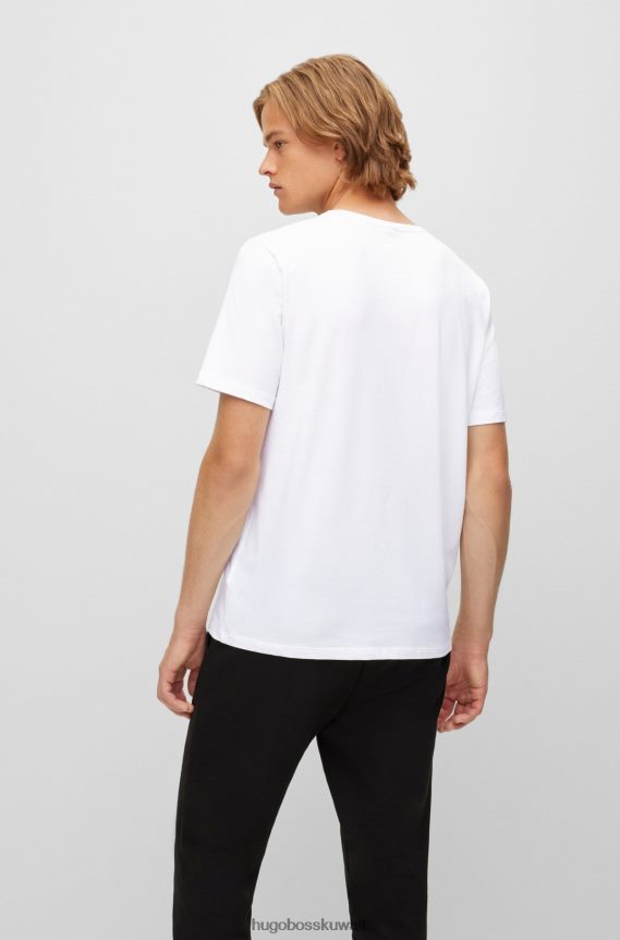 4TFNJN1688 أبيض Hugo Boss تي شيرت من القطن المطاطي بقصة عادية مع شعار هوغو باللون الأبيض