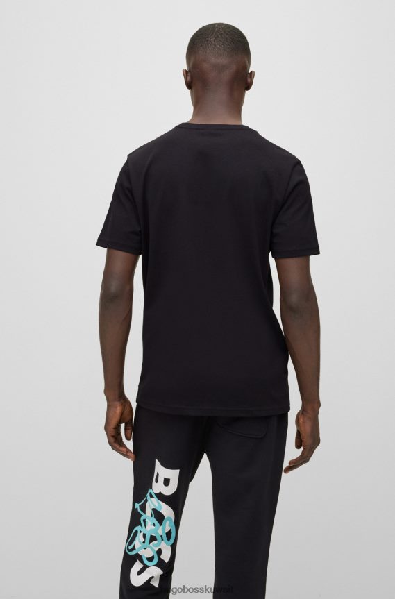 4TFNJN1690 أسود Hugo Boss تي شيرت هوغو من الجيرسي القطني باللون الأسود مع شعار وأعمال فنية على الجدران