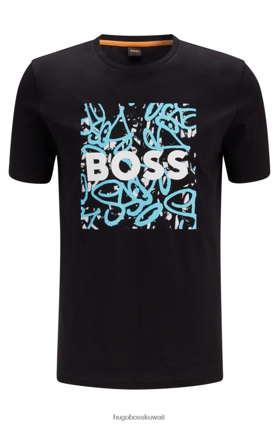4TFNJN1690 أسود Hugo Boss تي شيرت هوغو من الجيرسي القطني باللون الأسود مع شعار وأعمال فنية على الجدران