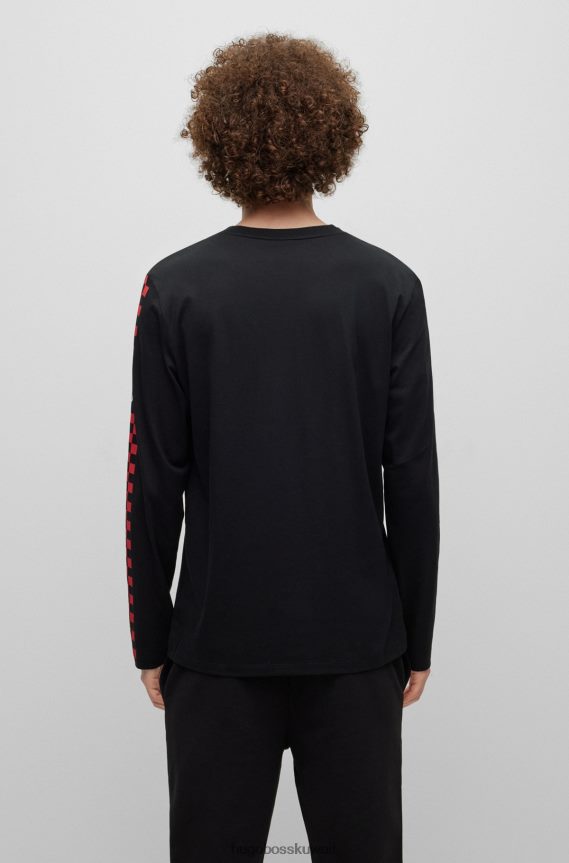 4TFNJN1716 أسود Hugo Boss تي شيرت من الجيرسي القطني بأكمام تحمل شعار العمل الفني باللون الأسود من هوغو