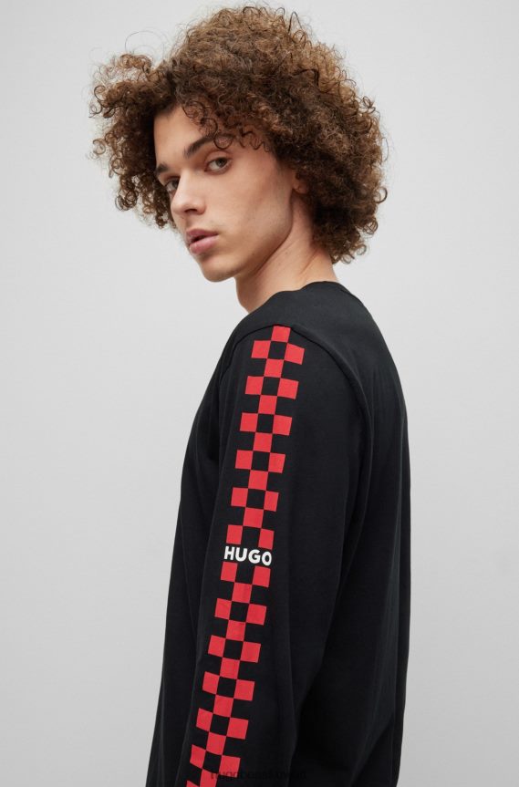 4TFNJN1716 أسود Hugo Boss تي شيرت من الجيرسي القطني بأكمام تحمل شعار العمل الفني باللون الأسود من هوغو