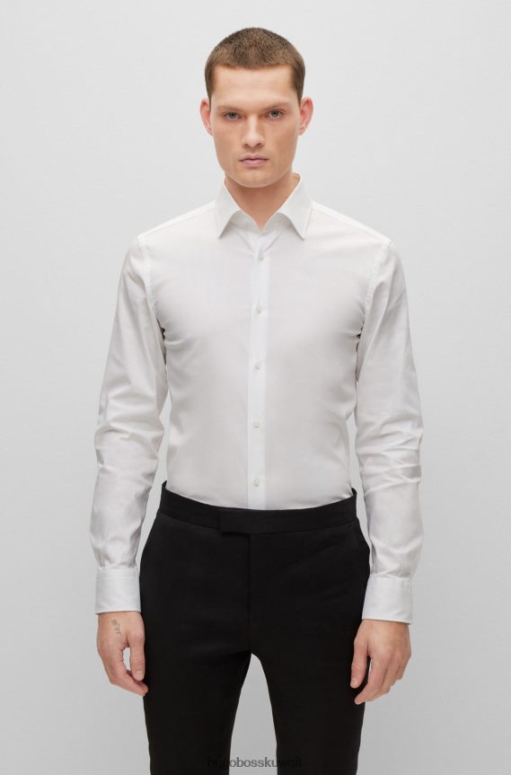 4TFNJN1723 أبيض Hugo Boss قميص أبيض بقصة ضيقة مصنوع من قماش البوبلين القطني القابل للتمدد وسهل الكي