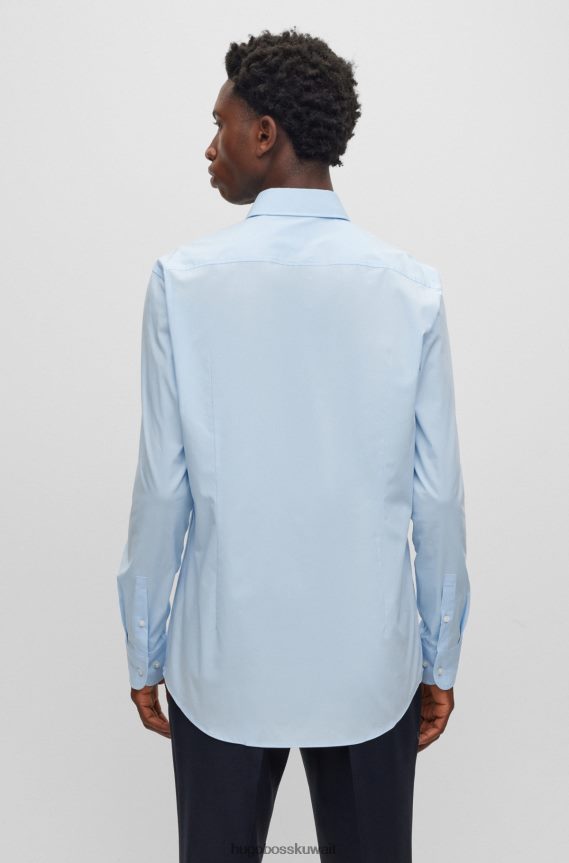 4TFNJN1724 أزرق فاتح Hugo Boss قميص بقصّة ضيّقة مصنوع من قماش البوبلين القطني المطاطي سهل الكي، باللون الأزرق الفاتح