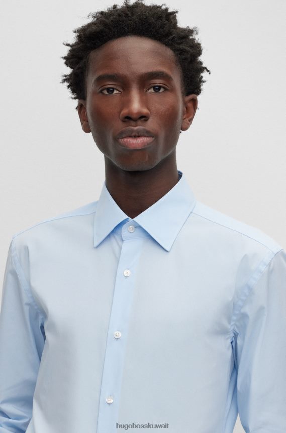 4TFNJN1724 أزرق فاتح Hugo Boss قميص بقصّة ضيّقة مصنوع من قماش البوبلين القطني المطاطي سهل الكي، باللون الأزرق الفاتح