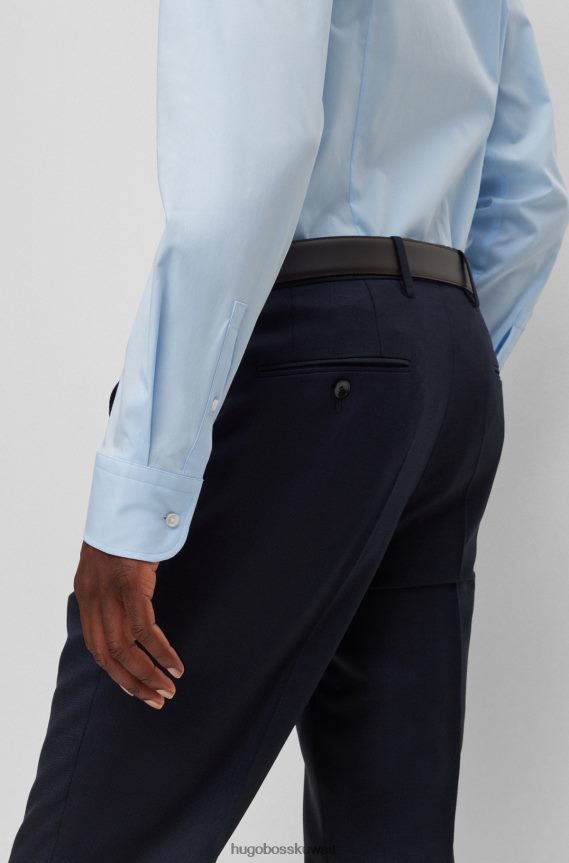 4TFNJN1724 أزرق فاتح Hugo Boss قميص بقصّة ضيّقة مصنوع من قماش البوبلين القطني المطاطي سهل الكي، باللون الأزرق الفاتح