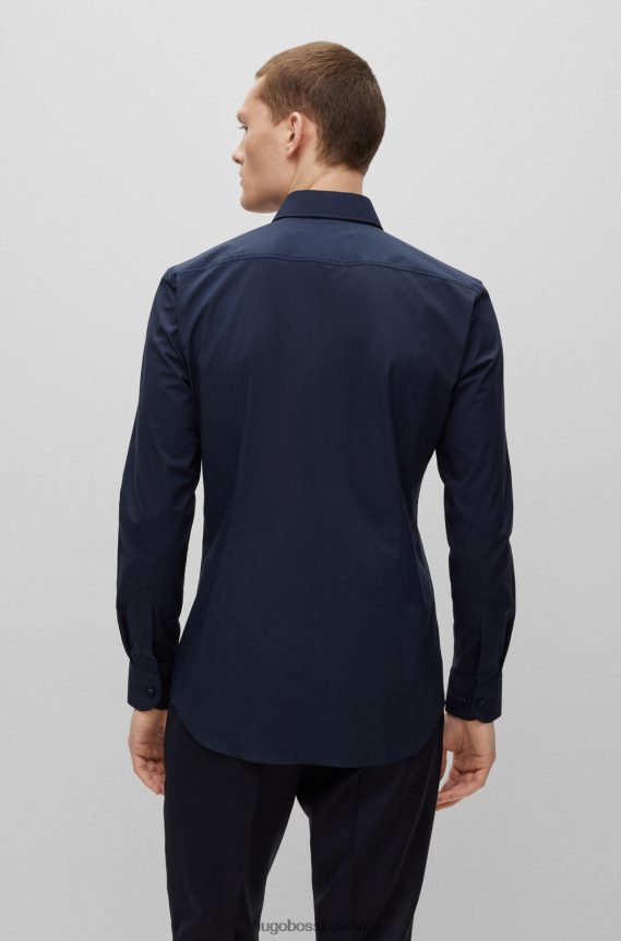 4TFNJN1725 أزرق غامق Hugo Boss قميص Hugo ذو قصة ضيقة باللون الأزرق الداكن مصنوع من قماش البوبلين القطني المطاطي سهل الكي