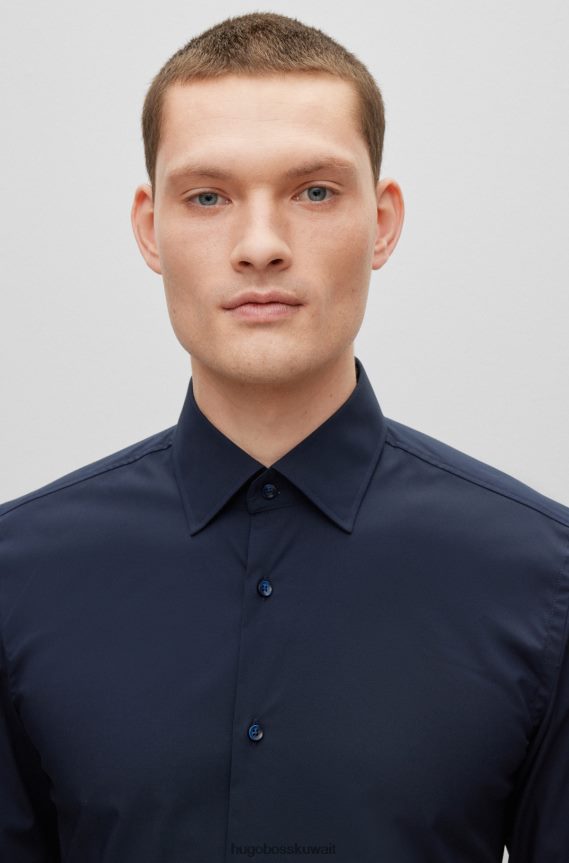 4TFNJN1725 أزرق غامق Hugo Boss قميص Hugo ذو قصة ضيقة باللون الأزرق الداكن مصنوع من قماش البوبلين القطني المطاطي سهل الكي