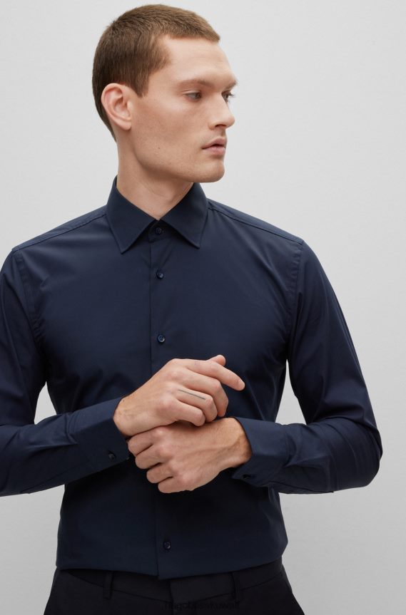 4TFNJN1725 أزرق غامق Hugo Boss قميص Hugo ذو قصة ضيقة باللون الأزرق الداكن مصنوع من قماش البوبلين القطني المطاطي سهل الكي