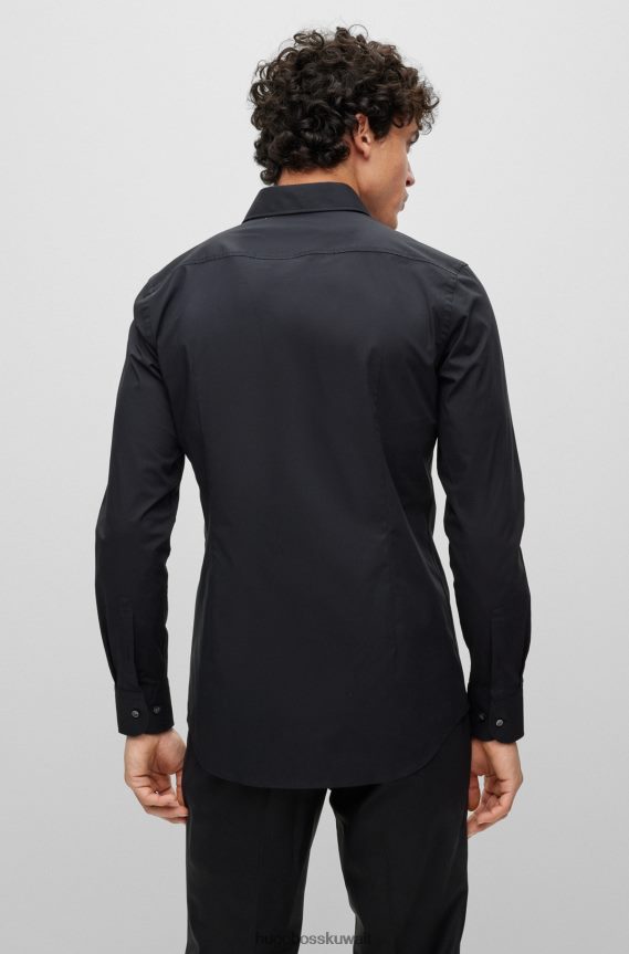 4TFNJN1726 أسود Hugo Boss قميص Hugo أسود بقصة ضيقة مصنوع من قماش البوبلين القطني المطاطي سهل الكي