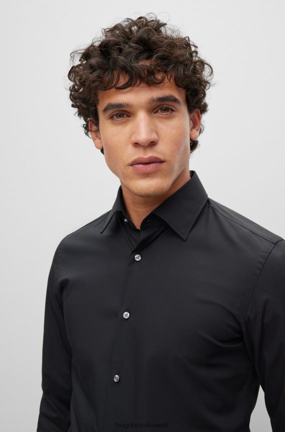 4TFNJN1726 أسود Hugo Boss قميص Hugo أسود بقصة ضيقة مصنوع من قماش البوبلين القطني المطاطي سهل الكي