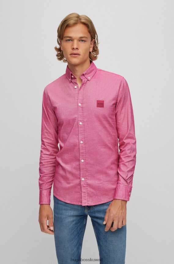 4TFNJN1728 لون القرنفل Hugo Boss قميص بقصة ضيقة من قطن أكسفورد المطاطي باللون الوردي