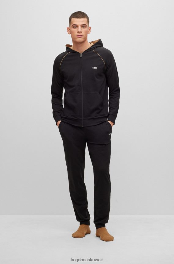 4TFNJN1735 أسود Hugo Boss سترة بغطاء للرأس باللون الأسود من القطن المطاطي مع شعار Hugo