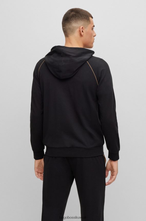 4TFNJN1735 أسود Hugo Boss سترة بغطاء للرأس باللون الأسود من القطن المطاطي مع شعار Hugo