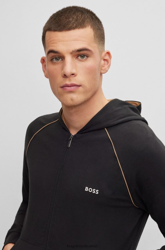 4TFNJN1735 أسود Hugo Boss سترة بغطاء للرأس باللون الأسود من القطن المطاطي مع شعار Hugo