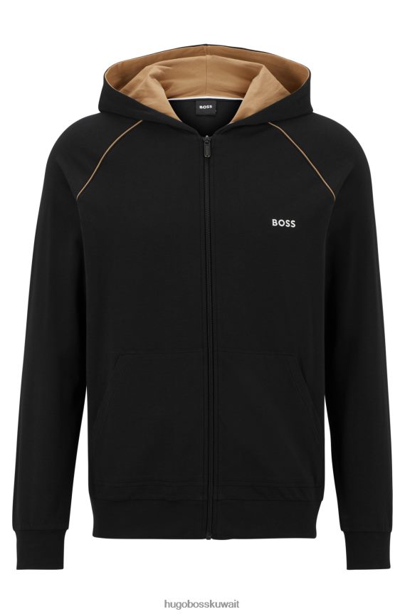 4TFNJN1735 أسود Hugo Boss سترة بغطاء للرأس باللون الأسود من القطن المطاطي مع شعار Hugo