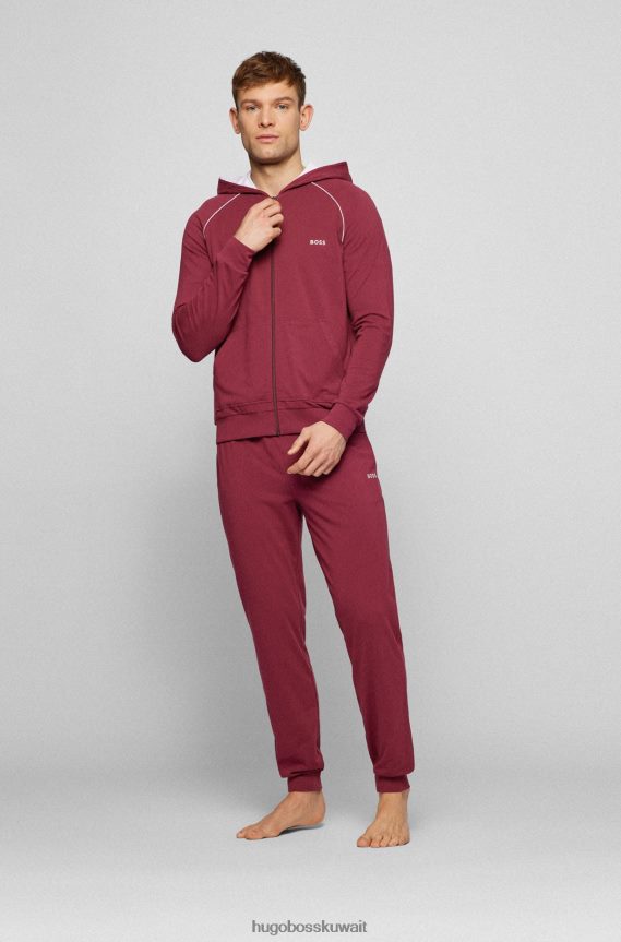 4TFNJN1736 احمر غامق Hugo Boss سترة مريحة بغطاء للرأس من القطن المطاطي مع شعار Hugo باللون الأحمر الداكن