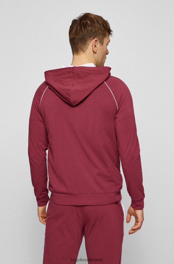 4TFNJN1736 احمر غامق Hugo Boss سترة مريحة بغطاء للرأس من القطن المطاطي مع شعار Hugo باللون الأحمر الداكن