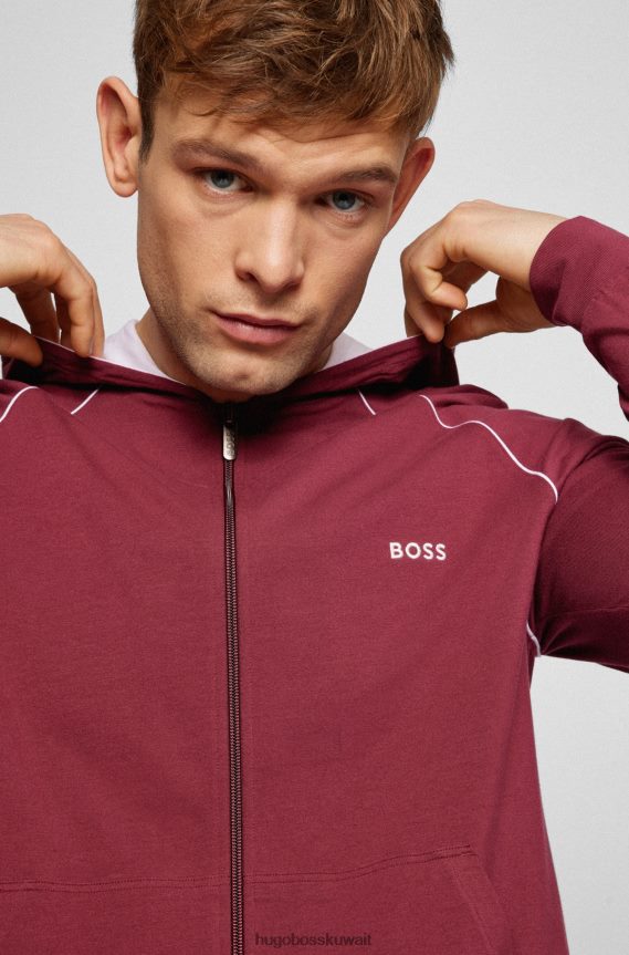 4TFNJN1736 احمر غامق Hugo Boss سترة مريحة بغطاء للرأس من القطن المطاطي مع شعار Hugo باللون الأحمر الداكن