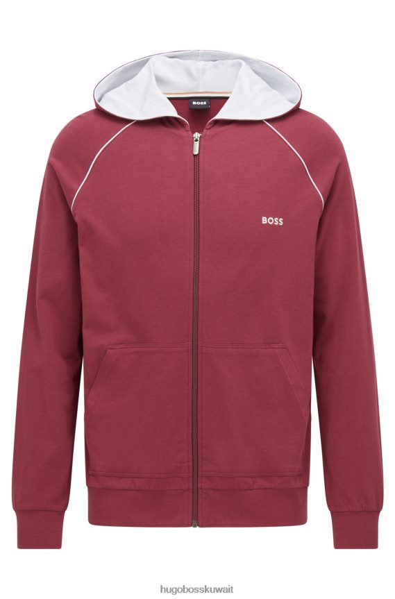 4TFNJN1736 احمر غامق Hugo Boss سترة مريحة بغطاء للرأس من القطن المطاطي مع شعار Hugo باللون الأحمر الداكن