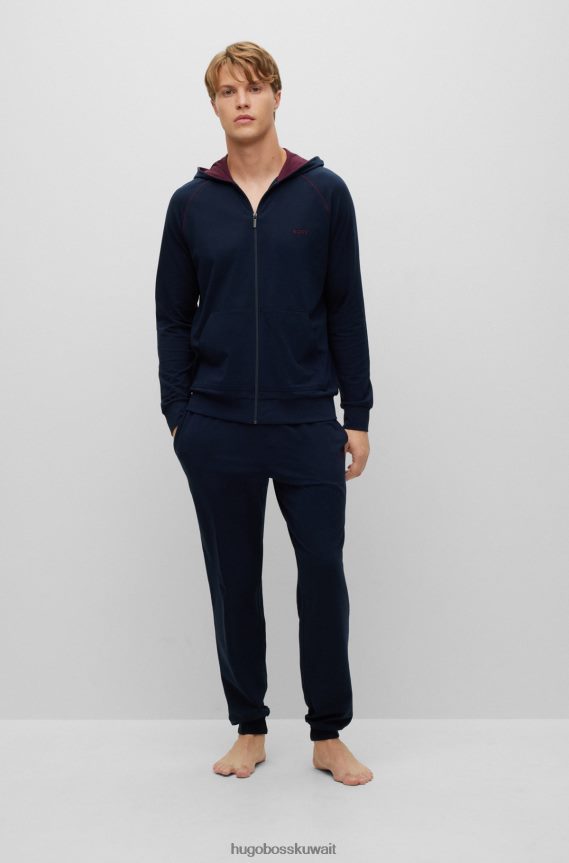 4TFNJN1737 أزرق غامق Hugo Boss سترة هوغو بغطاء للرأس باللون الأزرق الداكن من القطن المطاطي مع شعار