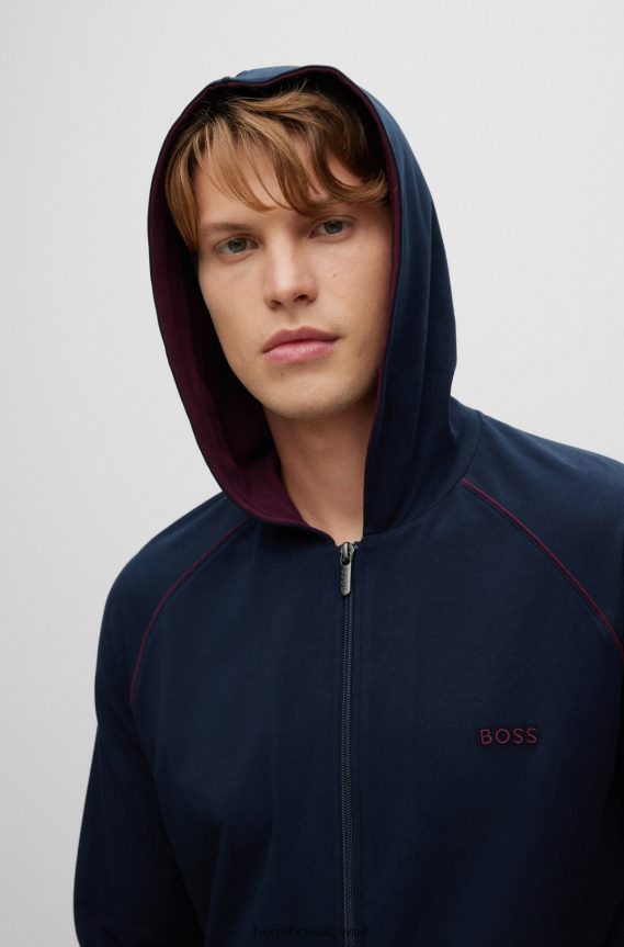 4TFNJN1737 أزرق غامق Hugo Boss سترة هوغو بغطاء للرأس باللون الأزرق الداكن من القطن المطاطي مع شعار