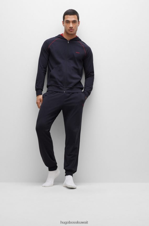 4TFNJN1738 أزرق غامق Hugo Boss سترة هوغو بغطاء للرأس باللون الأزرق الداكن من القطن المطاطي مع الشعار