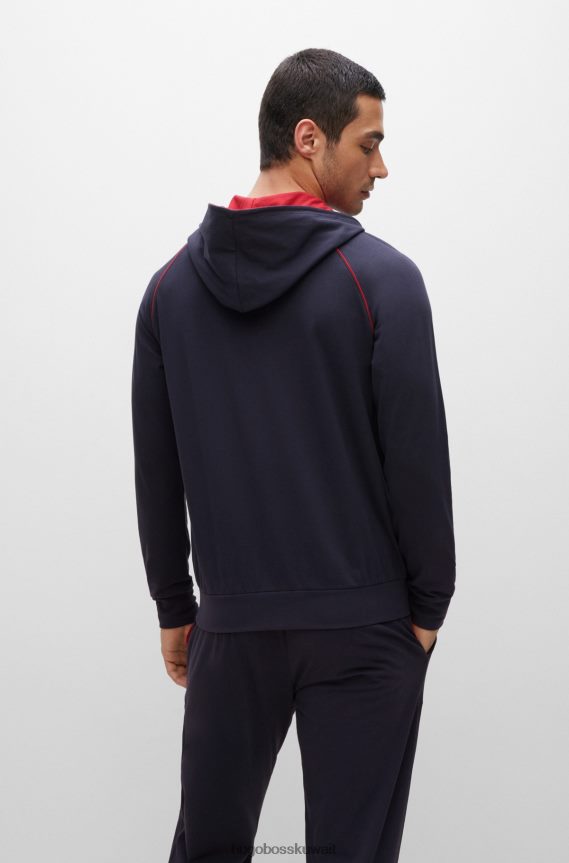 4TFNJN1738 أزرق غامق Hugo Boss سترة هوغو بغطاء للرأس باللون الأزرق الداكن من القطن المطاطي مع الشعار