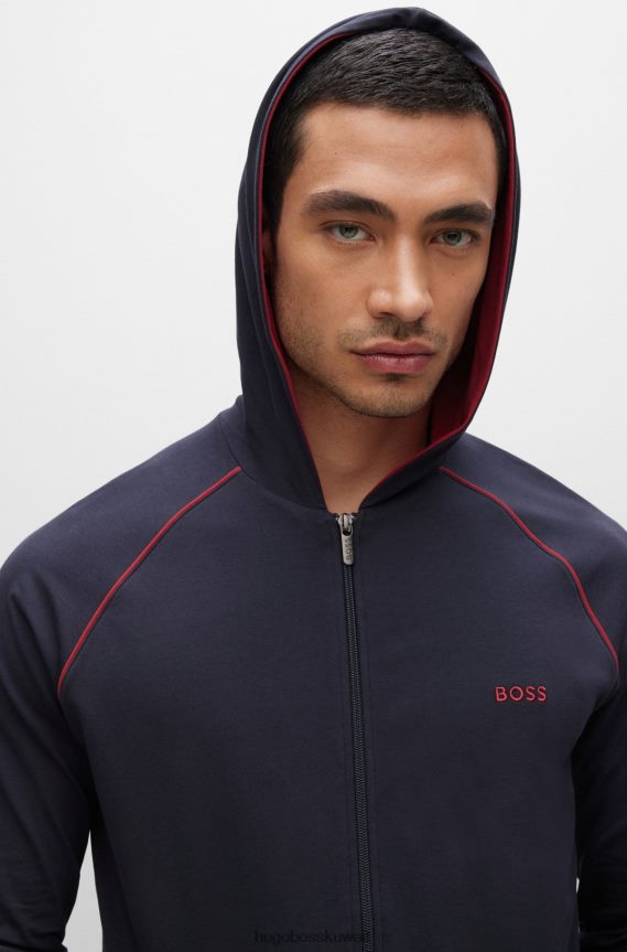 4TFNJN1738 أزرق غامق Hugo Boss سترة هوغو بغطاء للرأس باللون الأزرق الداكن من القطن المطاطي مع الشعار