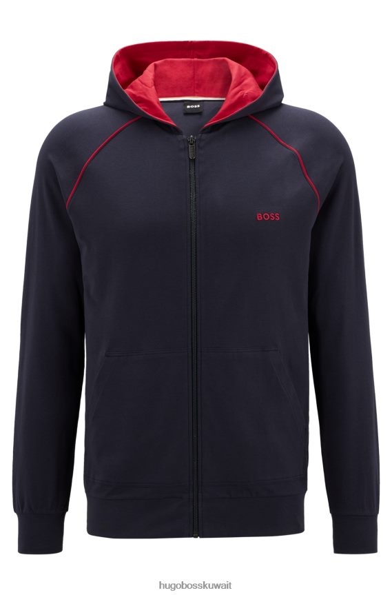 4TFNJN1738 أزرق غامق Hugo Boss سترة هوغو بغطاء للرأس باللون الأزرق الداكن من القطن المطاطي مع الشعار