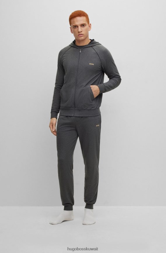 4TFNJN1740 الرمادي الداكن Hugo Boss سترة مريحة بغطاء للرأس من القطن المطاطي مع شعار Hugo باللون الرمادي الداكن