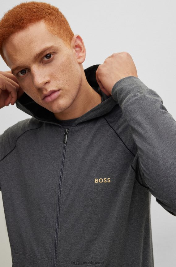 4TFNJN1740 الرمادي الداكن Hugo Boss سترة مريحة بغطاء للرأس من القطن المطاطي مع شعار Hugo باللون الرمادي الداكن