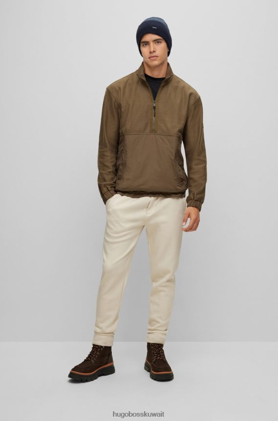 4TFNJN1742 الكاكي Hugo Boss سويت شيرت من مواد مختلطة بقصة عادية مع خط عنق بسحاب هوغو كاكي