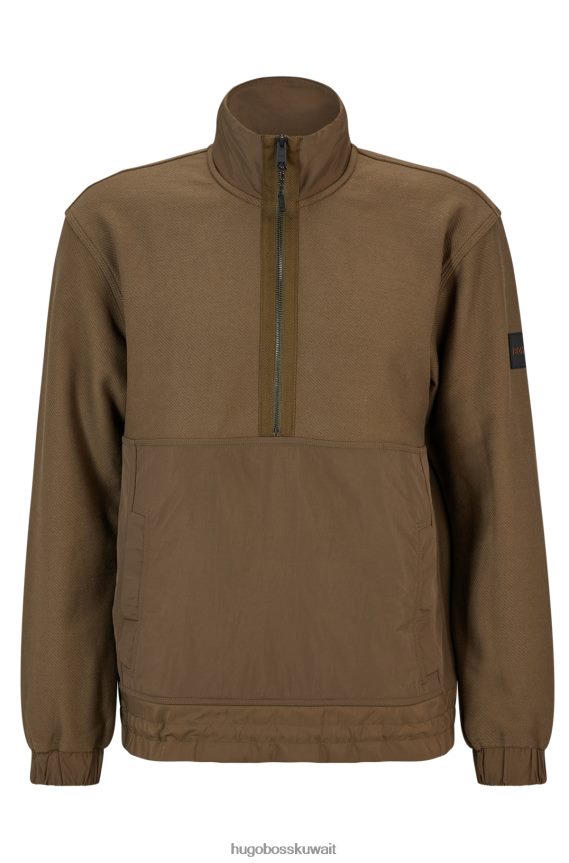 4TFNJN1742 الكاكي Hugo Boss سويت شيرت من مواد مختلطة بقصة عادية مع خط عنق بسحاب هوغو كاكي