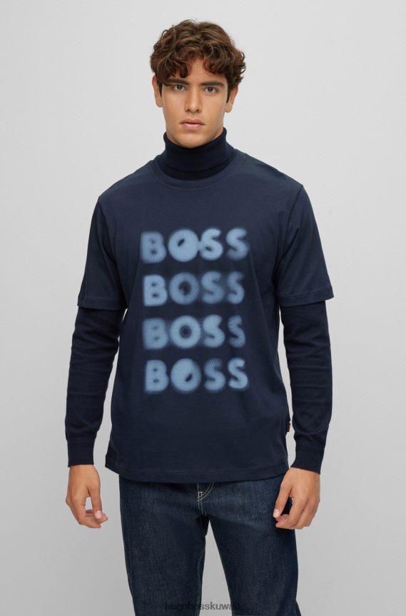 4TFNJN1744 أزرق غامق Hugo Boss تيشيرت Hugo من الجيرسي القطني باللون الأزرق الداكن بتصميم مريح مع شعار فني