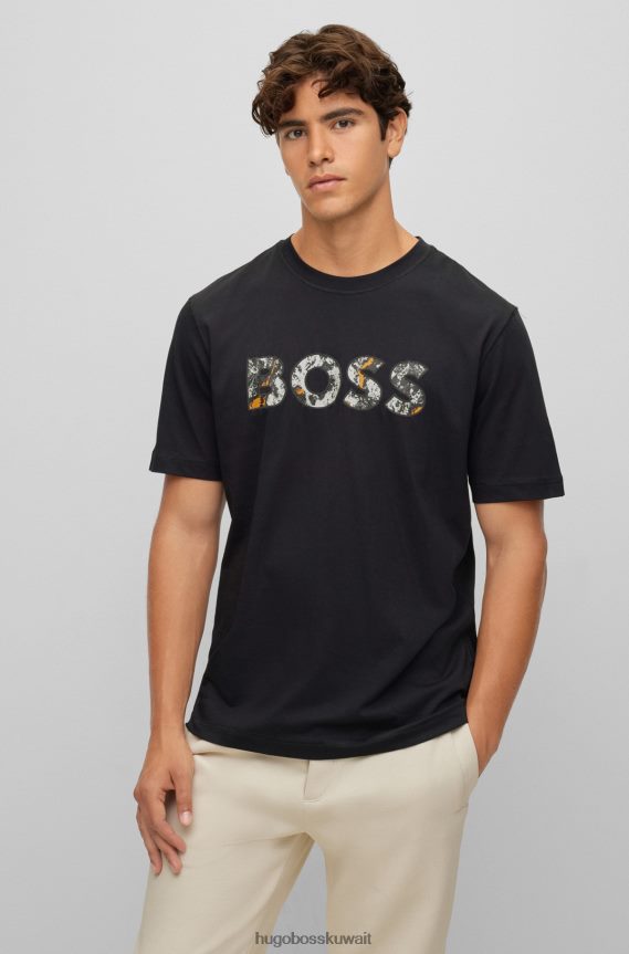 4TFNJN1746 أسود Hugo Boss تي شيرت من الجيرسي القطني مريح مع شعار عمل فني باللون الأسود