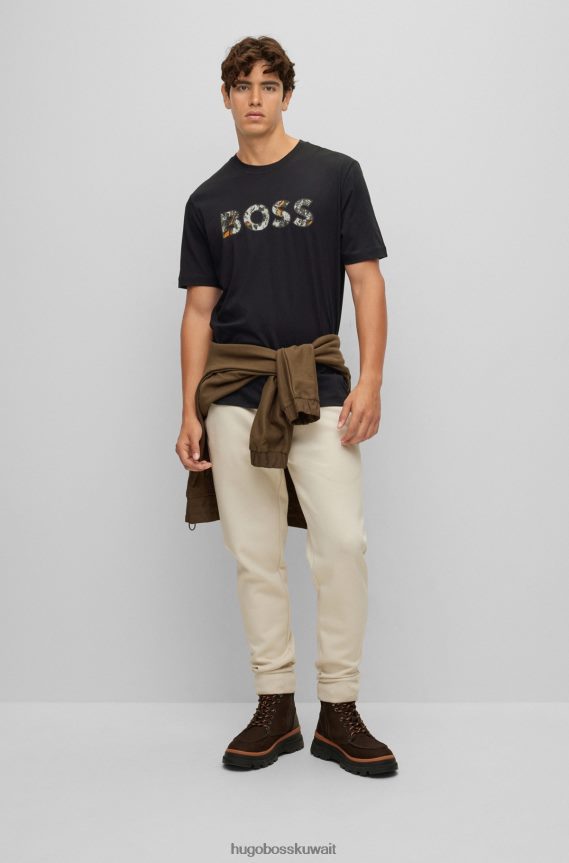 4TFNJN1746 أسود Hugo Boss تي شيرت من الجيرسي القطني مريح مع شعار عمل فني باللون الأسود