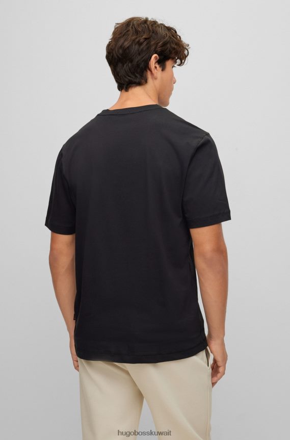4TFNJN1746 أسود Hugo Boss تي شيرت من الجيرسي القطني مريح مع شعار عمل فني باللون الأسود
