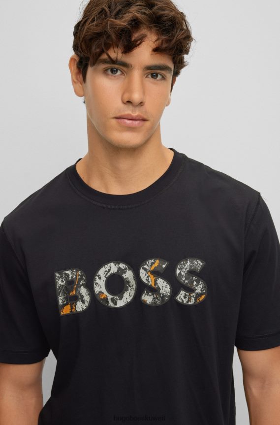 4TFNJN1746 أسود Hugo Boss تي شيرت من الجيرسي القطني مريح مع شعار عمل فني باللون الأسود