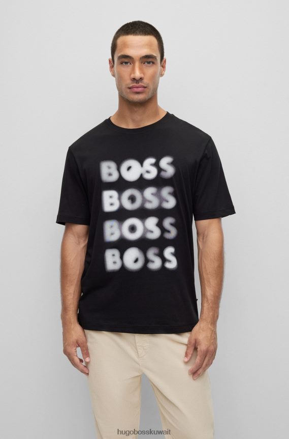 4TFNJN1747 أسود Hugo Boss تي شيرت أسود من الجيرسي القطني بقصة مريحة مع شعار Hugo الفني