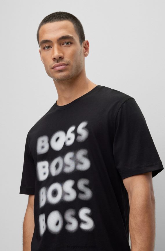 4TFNJN1747 أسود Hugo Boss تي شيرت أسود من الجيرسي القطني بقصة مريحة مع شعار Hugo الفني