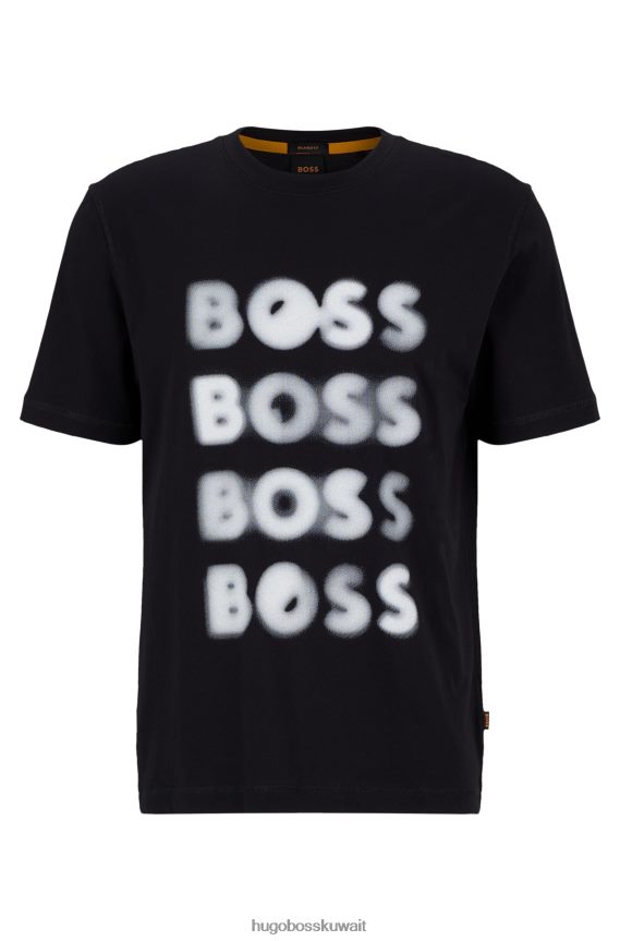 4TFNJN1747 أسود Hugo Boss تي شيرت أسود من الجيرسي القطني بقصة مريحة مع شعار Hugo الفني