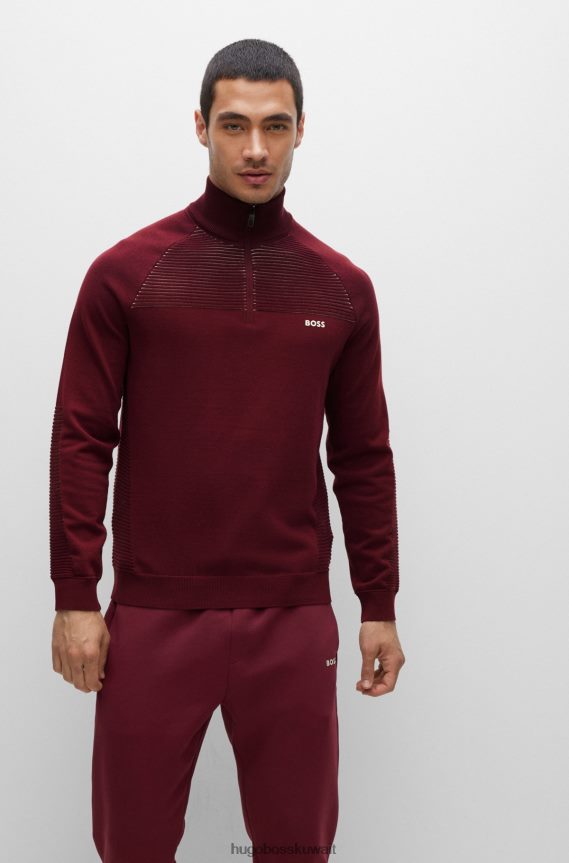 4TFNJN1749 وردي غامق Hugo Boss سترة هوغو ذات لون وردي داكن مع سحاب عنق من القطن العضوي مع خطوط بلونين