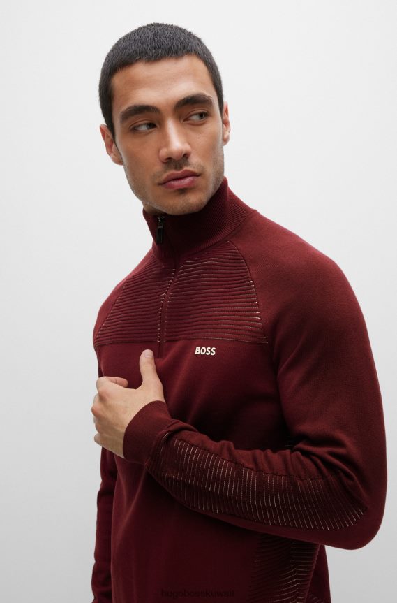 4TFNJN1749 وردي غامق Hugo Boss سترة هوغو ذات لون وردي داكن مع سحاب عنق من القطن العضوي مع خطوط بلونين