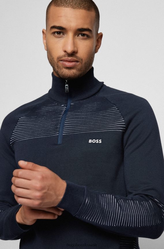 4TFNJN1751 أزرق غامق Hugo Boss سترة Hugo من القطن العضوي برقبة بسحاب مع خطوط بلونين باللون الأزرق الداكن