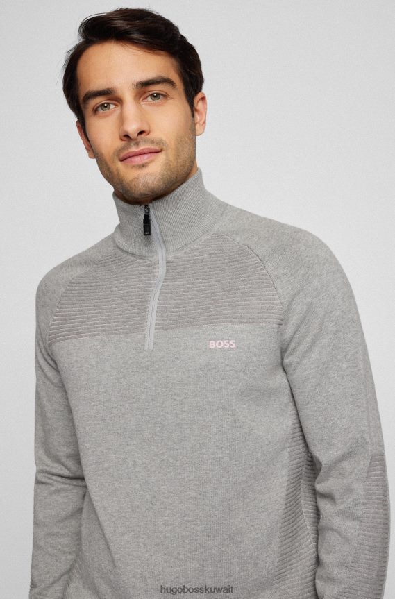 4TFNJN1752 رمادي فاتح Hugo Boss سترة من القطن العضوي برقبة بسحاب مع خطوط بلونين باللون الرمادي الفاتح