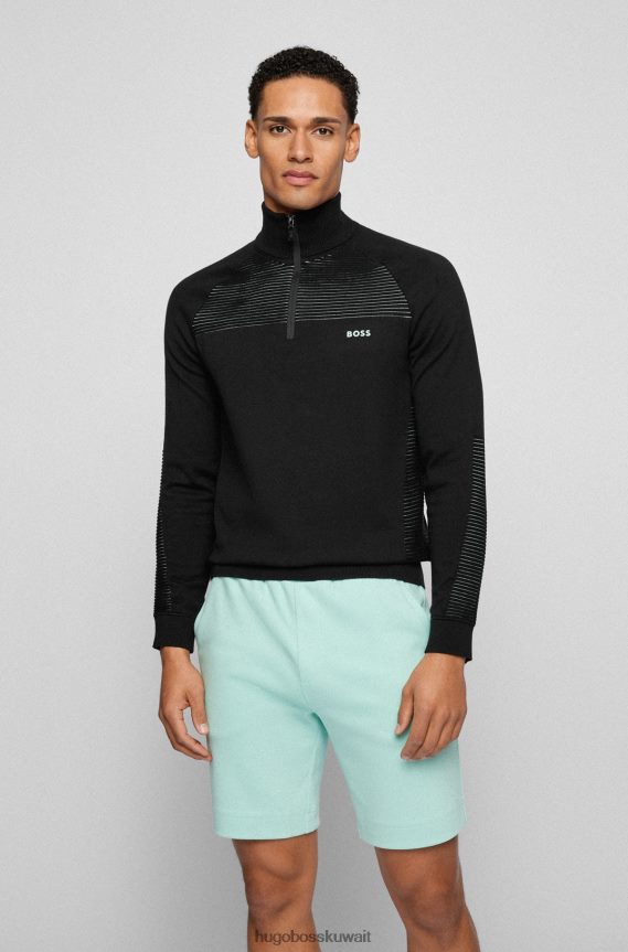 4TFNJN1753 أسود Hugo Boss سترة سوداء من القطن العضوي برقبة بسحاب مع خطوط بلونين